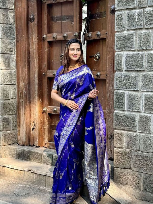 Royal Blue Wevon Jacquard Jari Designer Banarasi Silk Saree