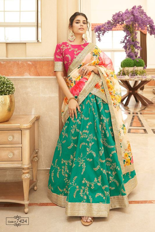 Green and White Women's Art Silk Embroidery Lehenga Choli