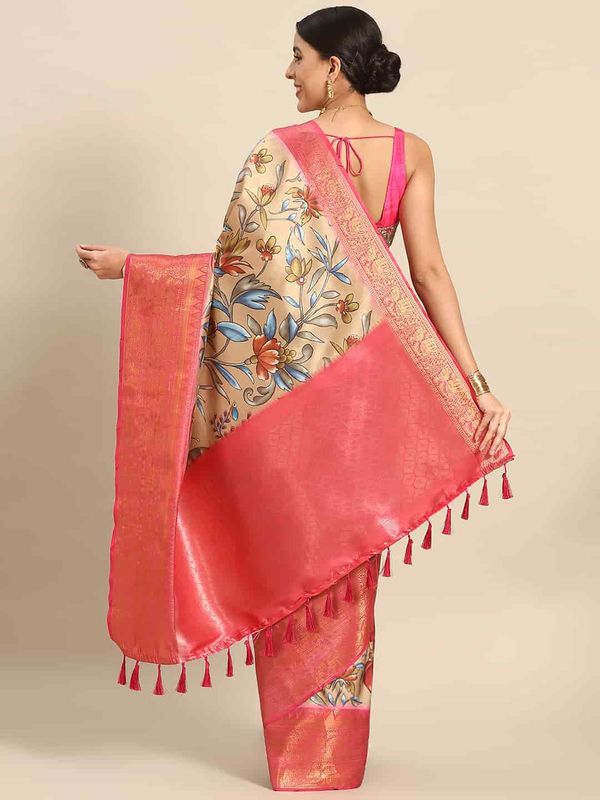 Beige Women's Kalamkari Woven Silk Saree