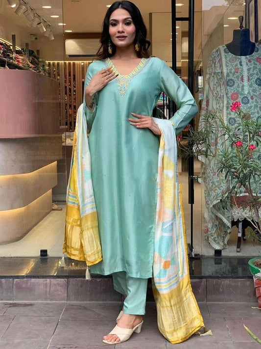 Sea Green Color Designer Partywear Roman Silk Fabric Embroidered Suit