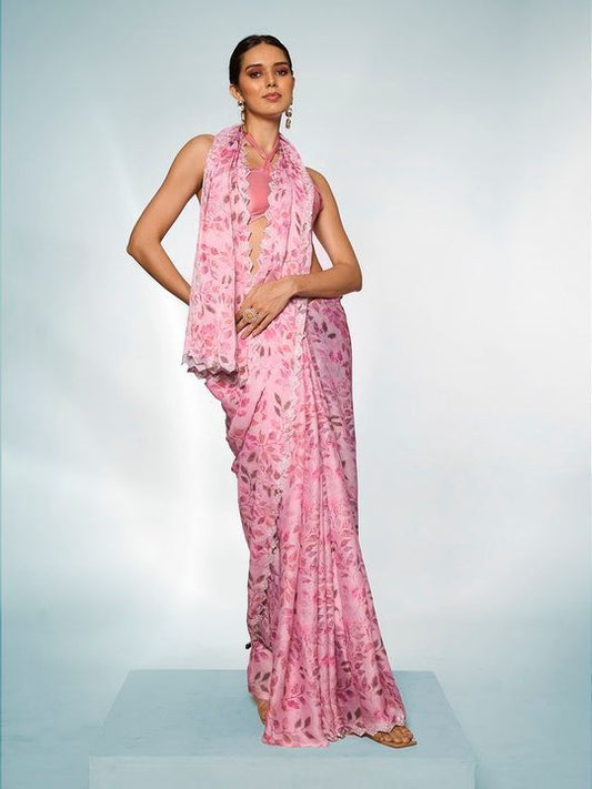 Pink Designer Printed Satin Georgette Saree