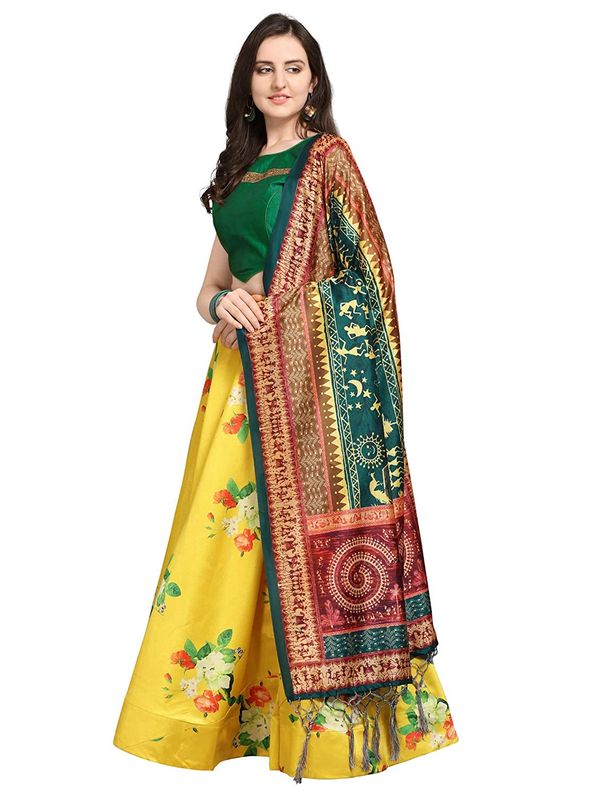 Bandhni Patola Type Digital Print Shiney Satin Croptop Lehenga Choli With Blouse For Women and Girls
