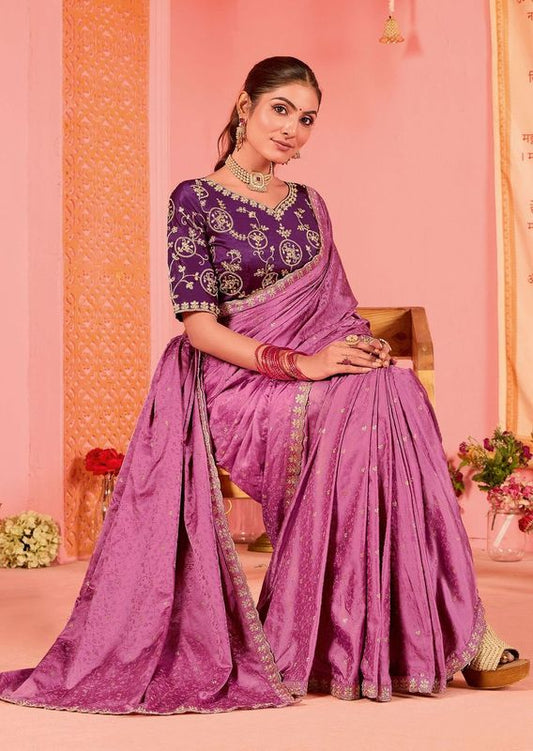 Pink Wevon Designer & Embroidery Work Satin Jacquard Saree