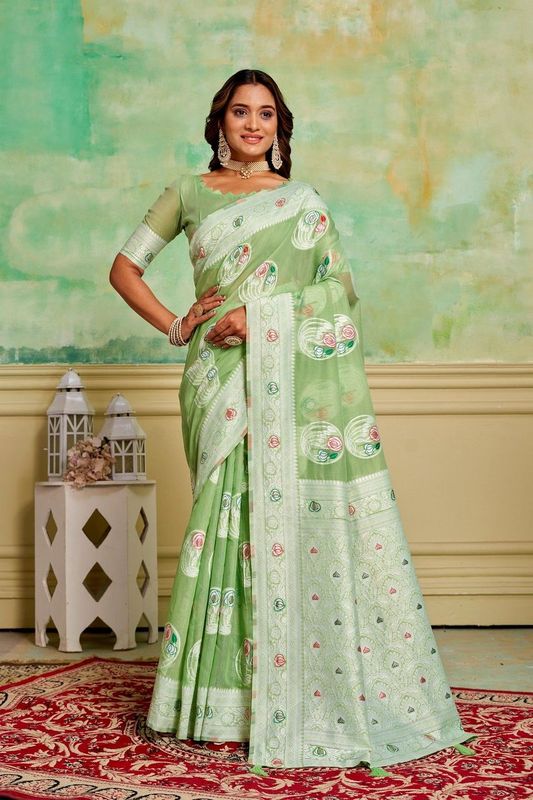 Green Cotton Woven Saree With Tassels on Pallu and Stitched Green Blouse