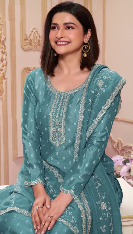 Sky Blue Color Silk Georgette Ethnic Partywear Designer Printed With Embroidery Work Salwar Kameez