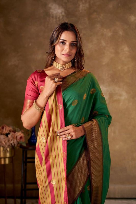 Green Cotton Woven Saree and Stitched Pink Blouse