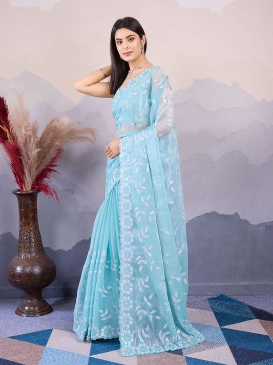 Sky Blue Color Burberry Silk Designer Sequins Embroidery Work Girlie Wedding Wear Saree