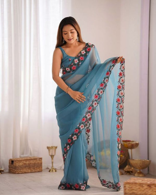 Sky Blue Multy Thread Embroidery Work Gold Crush Saree