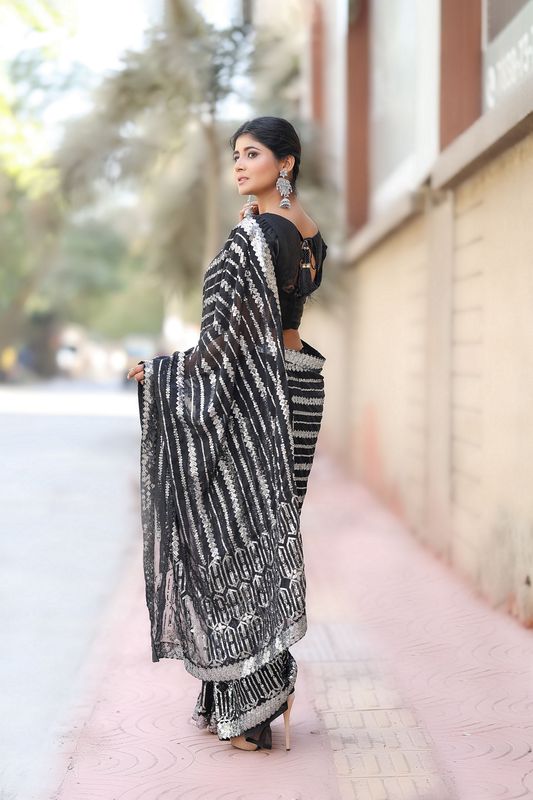 Black Color Georgette Fabric Glamorous Sequance Embroidery Work Saree