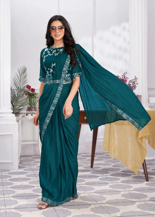 Turquoise Designer Sequance Embroidery & Hand Work Shimmer Georgette Saree