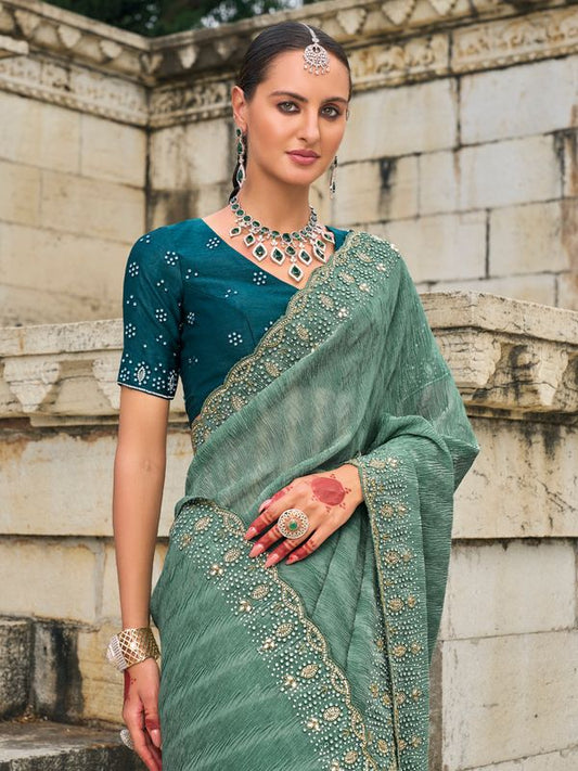 Green Heavy Designer Jardoshi & Cut Dana & Moti Work Tissue Crush Saree