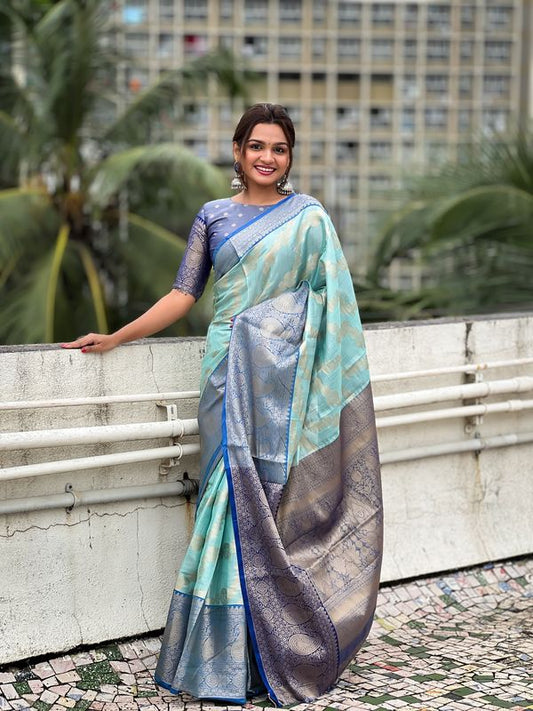 Sky Blue Color Tissue Silk Weaving Jari Designer Traditional Saree