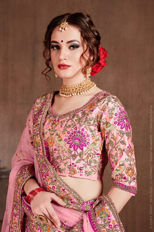 Pink Women's Taffeta Silk Embroidery Lehenga Choli