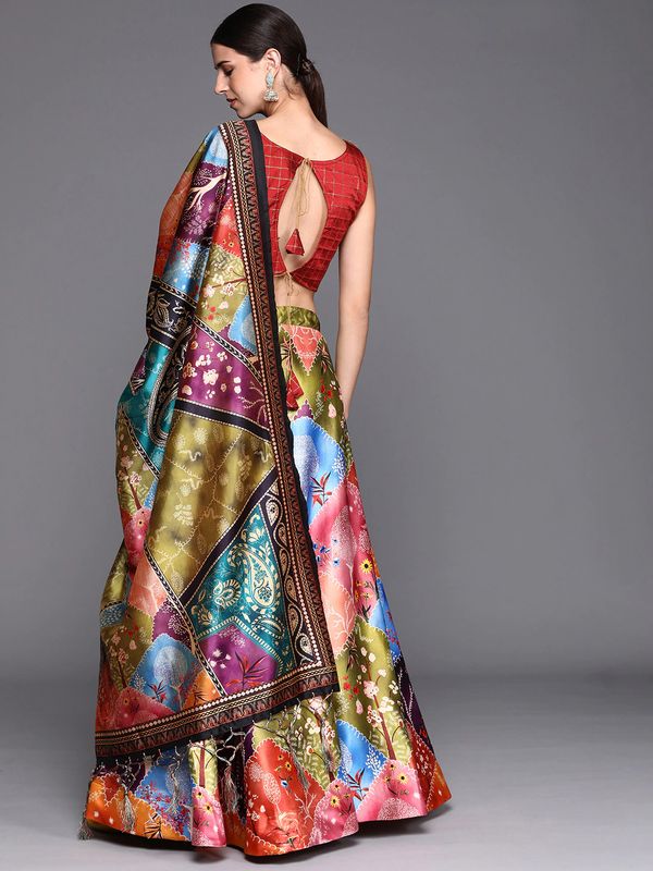 Bandhni Patola Type Digital Print Shiney Satin Croptop Lehenga Choli With Blouse For Women and Girls
