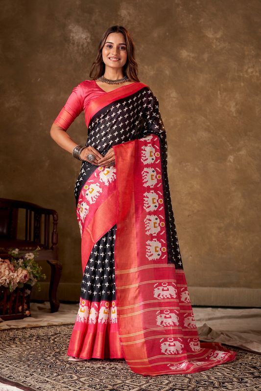 Black Cotton Printed Saree and Stitched Pink Blouse