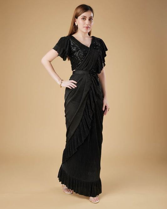 Black Sequance Embroidery Work Imported Crush Saree