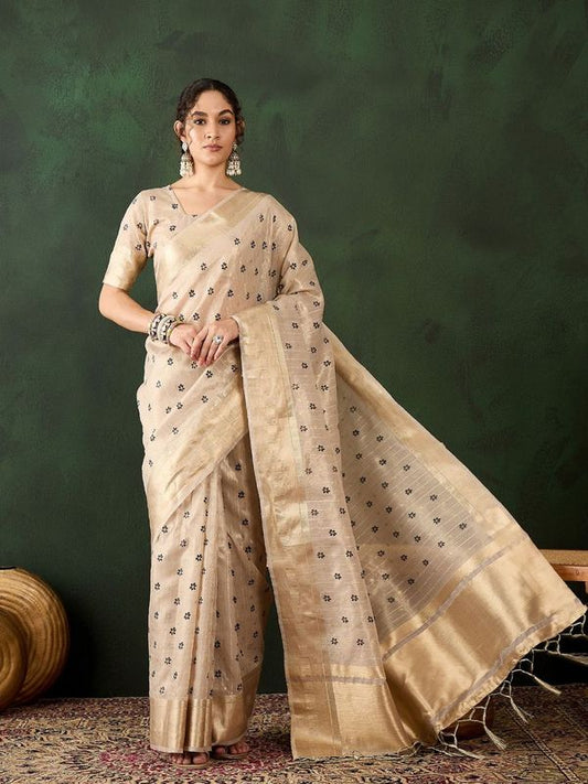 Beige Khadi Organza Woven Designer Saree With Classy Brush Paint Work