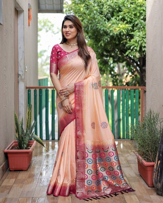 Peach Wevon Designer Dola Silk Saree