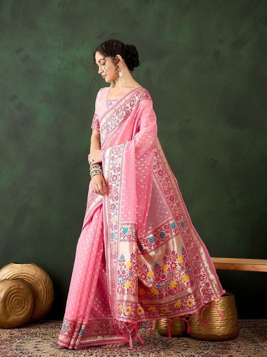 Pink Poly Cotton Wevon Designer Indian Rich Cultural Looks Saree