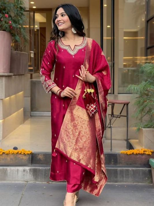 Maroon Color Designer Partywear Roman Silk Fabric Embroidered Suit