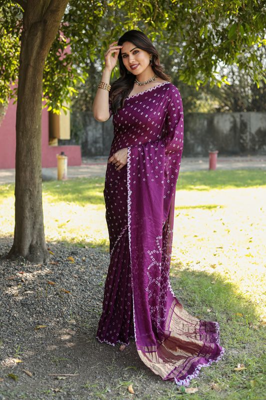 Purple Wevon Jari Pallu Designer & Bandhej Printed Silk Saree