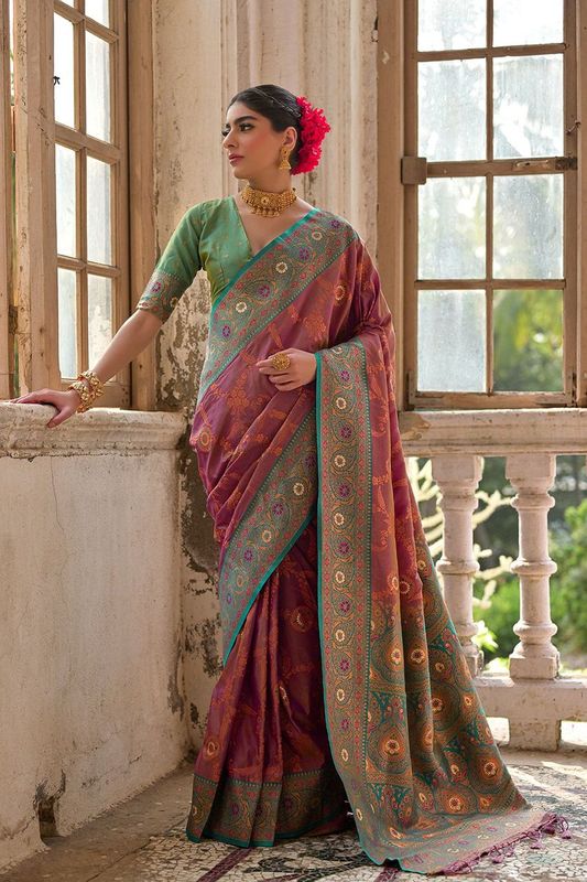 Wine All Over Flower Printed Zari Woven Jal With Zari Woven Contrast Pallu Saree