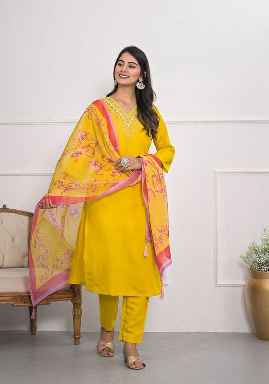 Mustard Color Viscoce Silk Fabric Designer Embroidery Work Salwar Kameez For Ceremonial Looks