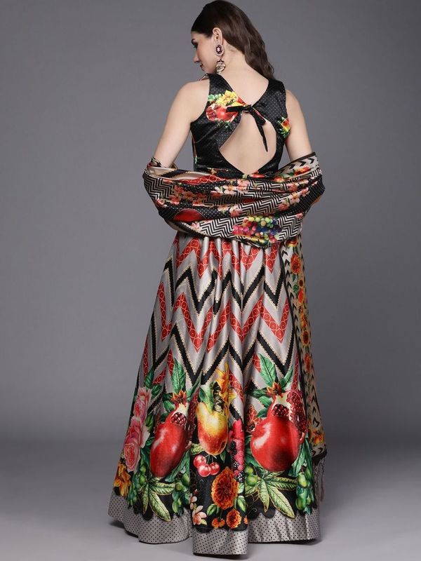 Bandhni Patola Type Digital Print Shiney Satin Croptop Lehenga Choli With Blouse For Women and Girls