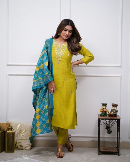 Women Embroidered Straight Kurta with Pant And Printed Dupatta Sets