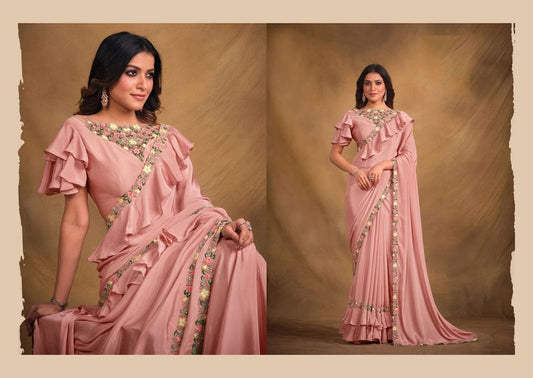 Pink Designer Embroidery & Stone Work Crepe Georgette Silk Saree