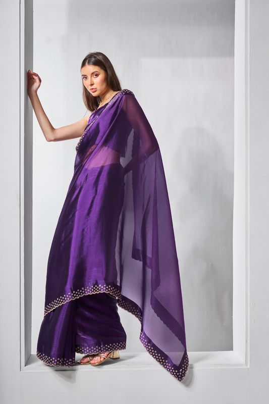 Purple Swarovski Designer Work Burburry Saree