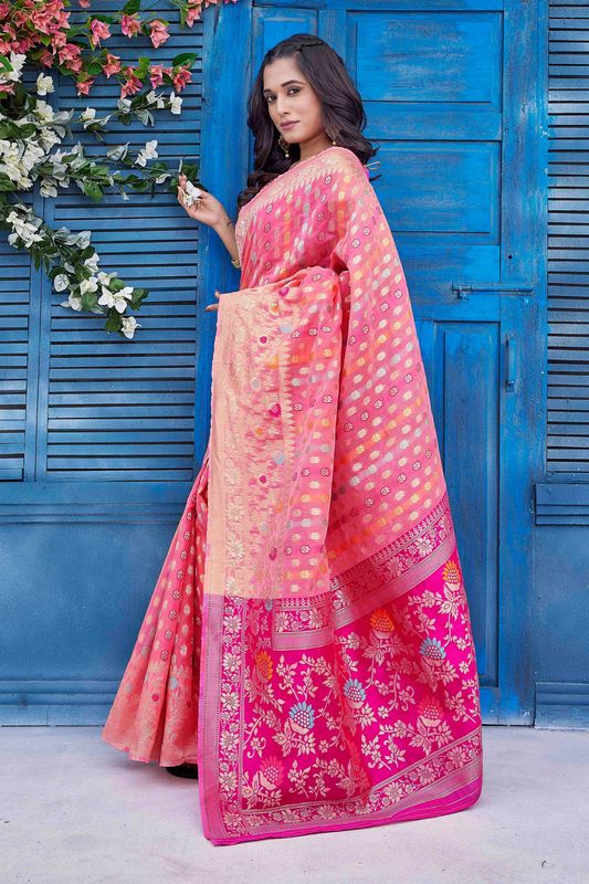 Pink Color Ethnic Silk Blend Fabric Graceful Festive Saree With Wevon Jacquard Designer