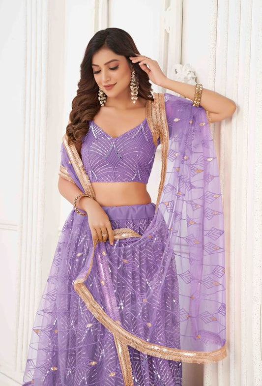 Lavender Color Net Fabric Lehenga Choli With Sequins And Thread Embroidery Work