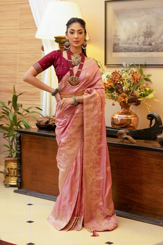 Pink Zari Woven Satin Silk Saree