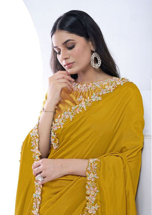 Mustard Moti with Hand Work Crepe Silk Saree