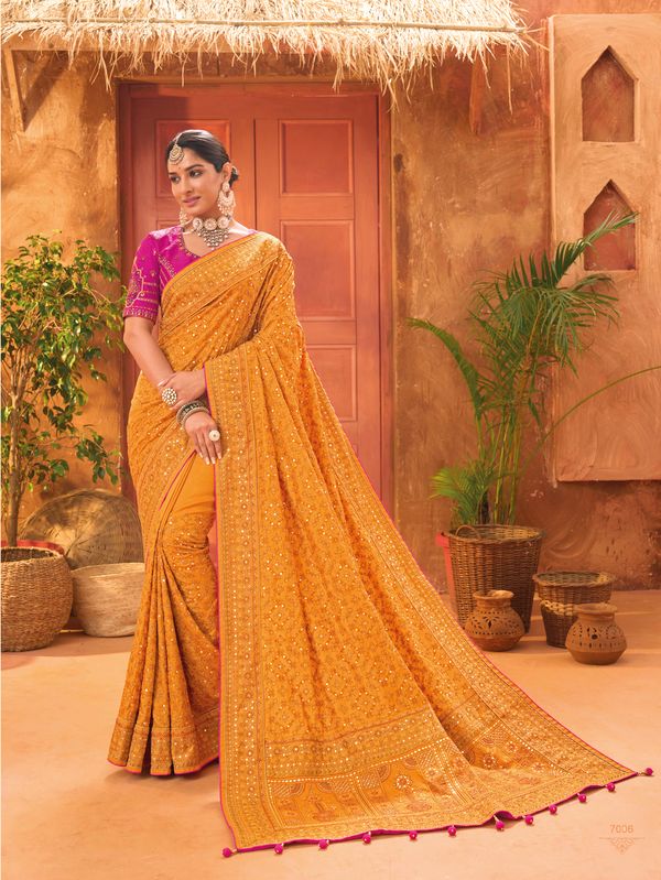 Mustured Wevon Designer & Real Mirror & Diamond & Kachhi Work Banaras Silk Saree