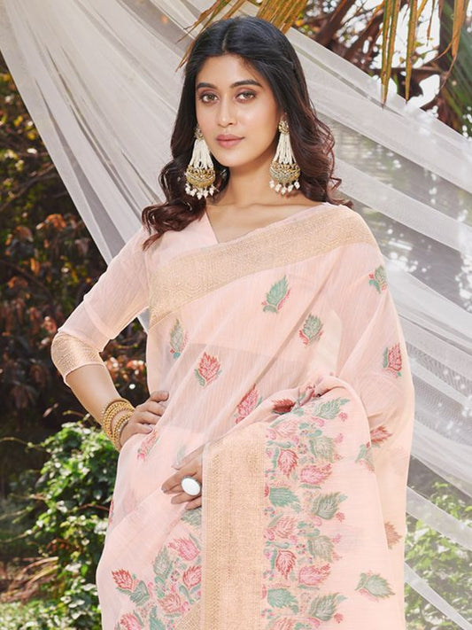 Light Pink Wevon Designer & Digital Printed Cotton Saree