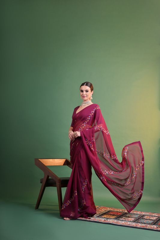 Wine Designer Sequance Embroidery Work Georgette Saree