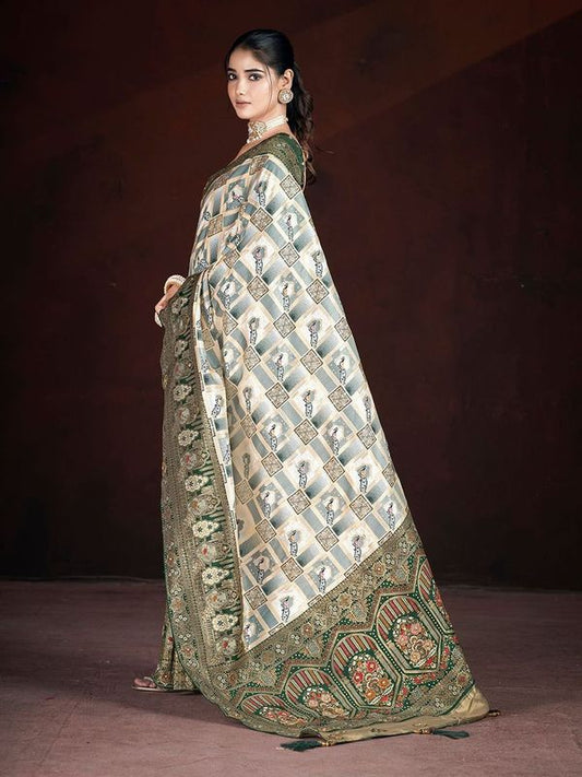 Green Weaving Jari & Multi Thread Work & Motif & Crystal Hand Work Banarasi Silk Saree