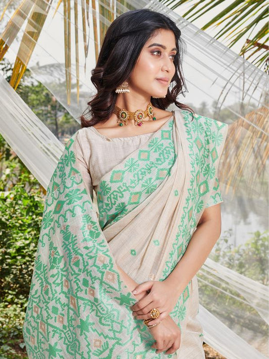 Sea Green Wevon Designer & Printed Cotton Saree