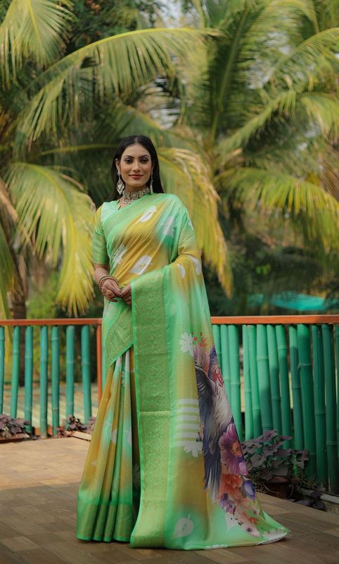 Green Wevon Designer & Flower Digital Printed Dola Silk Saree