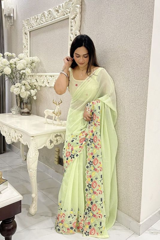Green Color Shimmer Silk Fabric Girlie Thread And Sequins Embroidery Work Bollywood Saree