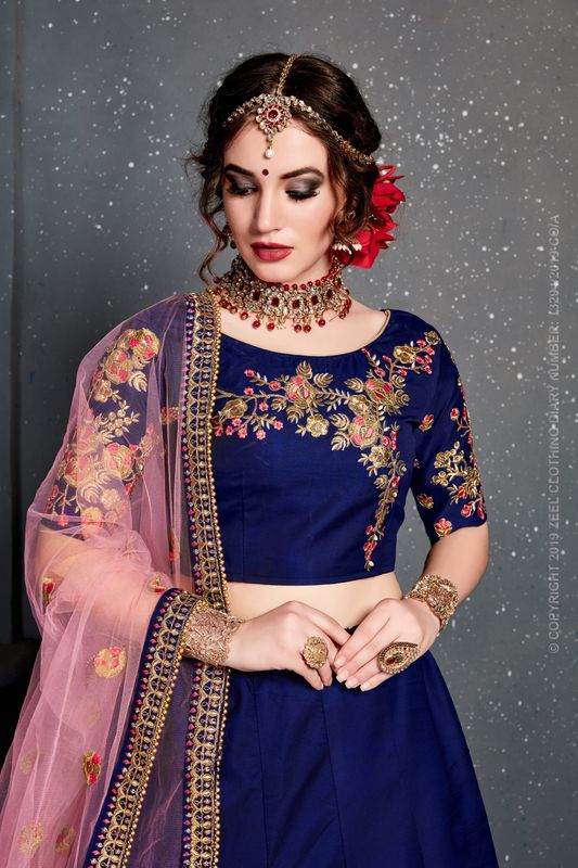 Dark Blue Women's Tafeta Satin Silk Embroidery Lehenga Choli