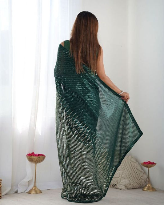 Green Color Georgette Designer Sequance Embroidery Work Bollywood Style Partywear Saree