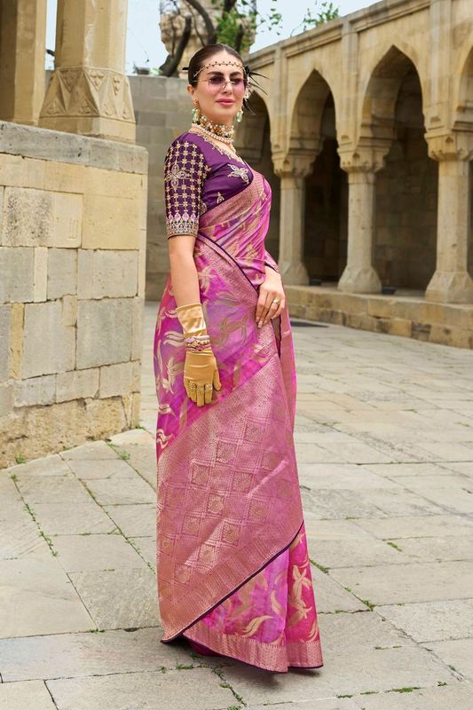 Pink Wevon Designer & Embroidery Work Jacquard Silk Saree