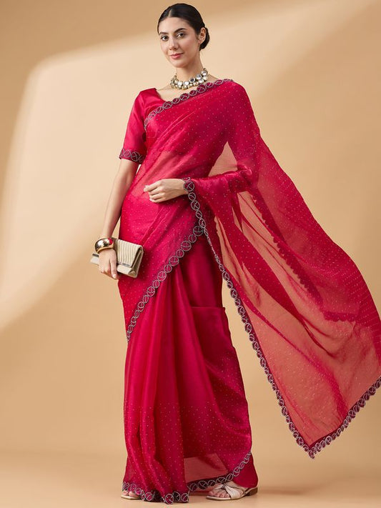 Pink Designer Swarovski & Stone Work Organza Saree