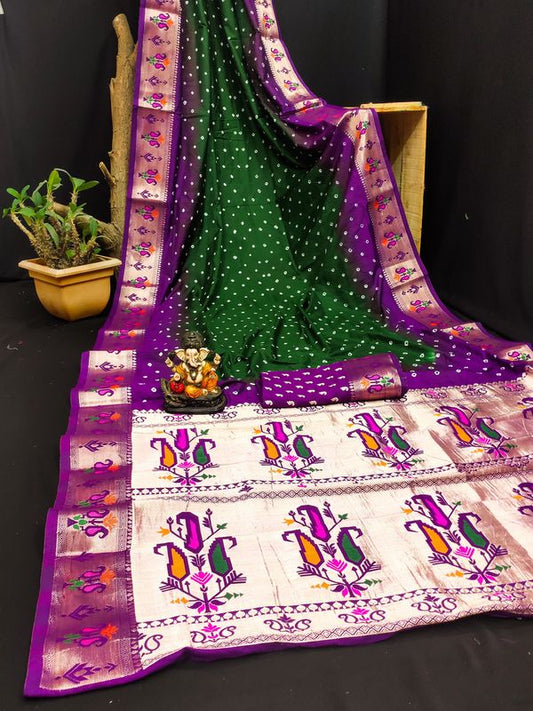 Green Color Dola Silk Fabric Wevon Paithani Designer Saree With Traditional Bandhej Print