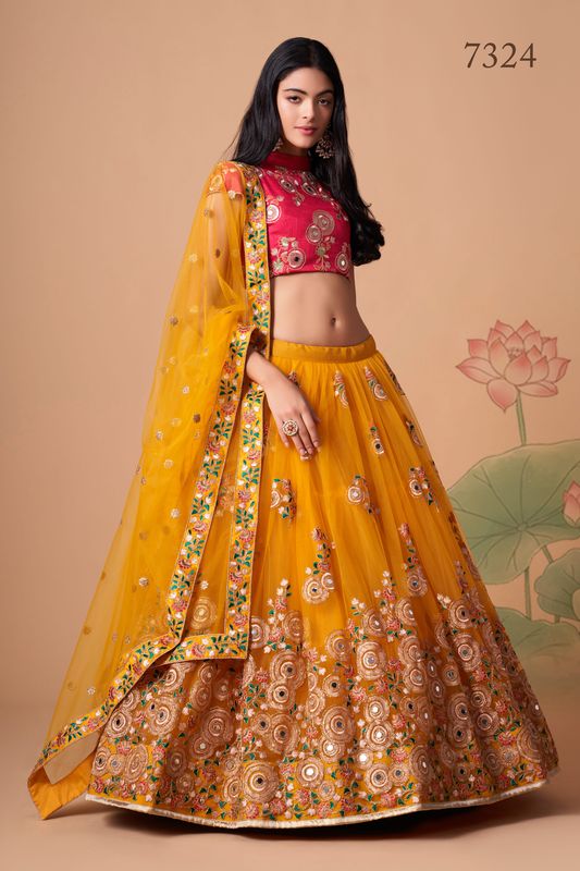 Yellow Women's Soft Net Embroidery Lehenga Choli