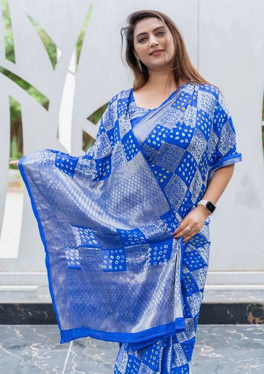 Blue Wevon Designer & Bandhej Printed Silk Saree