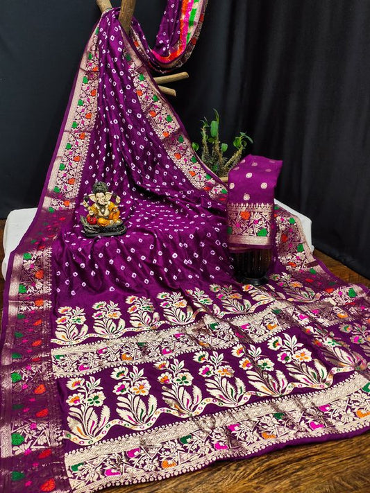 Purple Paithani Silk Wevon Border Pallu Designer Saree With Bandhej Work